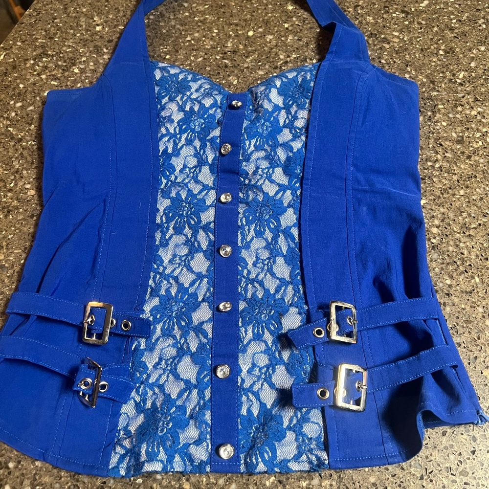 Oh Yes Blue Lace Corset Halter Top with Buckle Detail Size L Goth Y2K